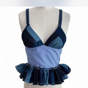 Blue Patchwork Peplum Top